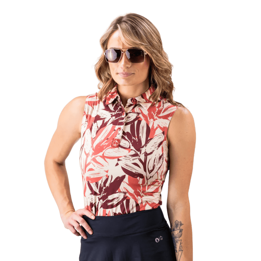 Women Polo ShirtFunky Babes Sleeveless Polo – Sunset Bloom