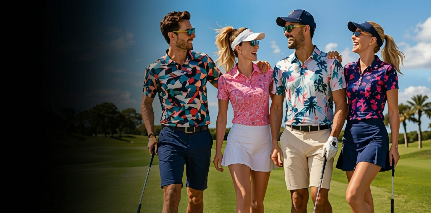 Four people in golf attire walking on a golf course with palm trees in the background.